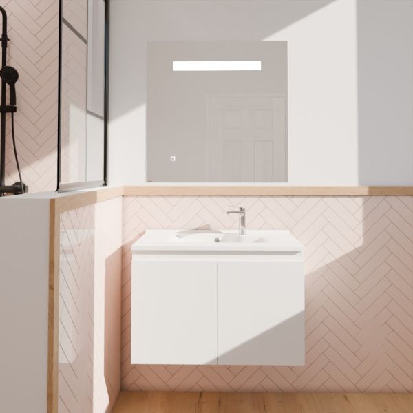 Meuble salle de bain suspendu 80 cm avec porte pivotante avec plan vasque en résine PROLINE et miroir Elégance ht80 - Blanc bril