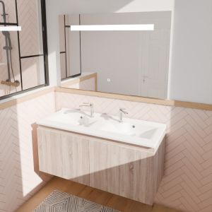 Meuble salle de bain suspendu 120 cm avec porte pivotante avec plan vasque en résine PROLINE et miroir Elégance ht80 - Bois