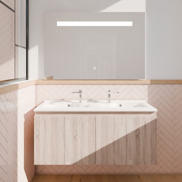 Meuble salle de bain suspendu 120 cm avec porte pivotante avec plan vasque en résine PROLINE et miroir Elégance ht80 - Bois