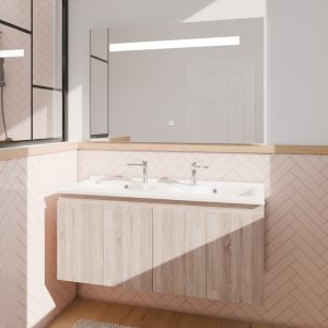 Meuble salle de bain suspendu 120 cm avec porte pivotante avec plan vasque en résine PROLINE et miroir Elégance ht80 - Bois