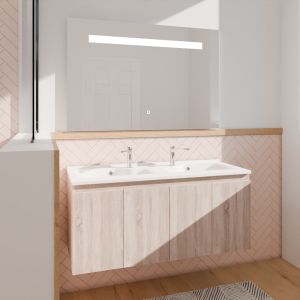 Meuble salle de bain suspendu 120 cm avec porte pivotante avec plan vasque en résine PROLINE et miroir Elégance ht80 - Bois