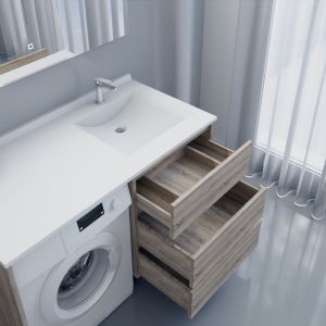 Meuble lave-linge coloris bois KORA 124 cm avec plan vasque déportée à droite + Miroir Elégance ht105