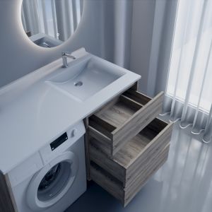 Meuble lave-linge KORA 124 cm coloris bois avec plan vasque déportée à droite + Miroir rond