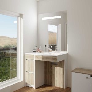 Meuble salle de bain PMR ANDY PLUS 90 cm bois et blanc + miroir Elegance - Vasque à droite