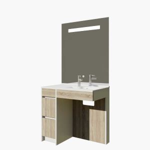 Meuble salle de bain PMR ANDY PLUS 90 cm bois et blanc + miroir ELEG PLUS - Vasque à droite