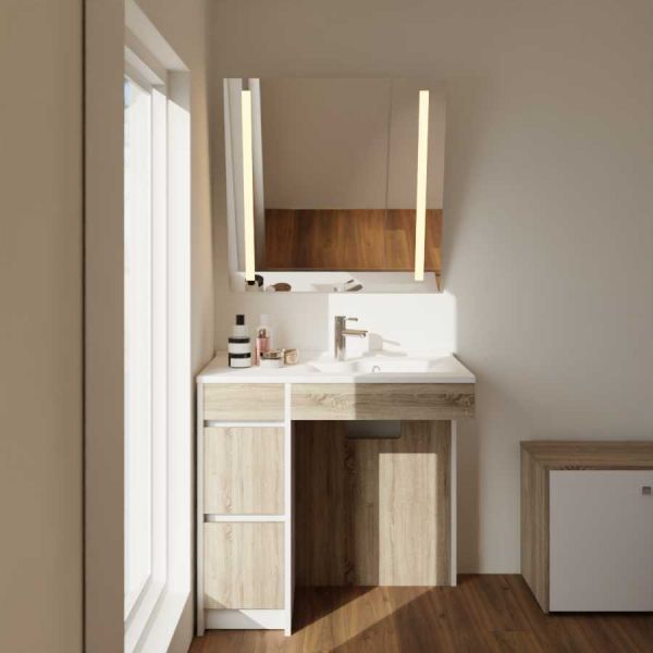 Meuble salle de bain PMR ANDY PLUS 90 cm bois et blanc + miroir Motory