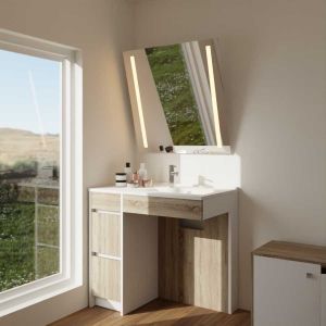 Meuble salle de bain PMR ANDY PLUS 90 cm bois et blanc + miroir Motory