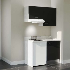Kitchenette équipée 120 cm K01L : façades noires, planiquartz blanc évier à droite, électroménager blanc