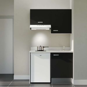 Kitchenette équipée 120 cm K01L : façades noires, planiquartz blanc évier à droite, électroménager blanc