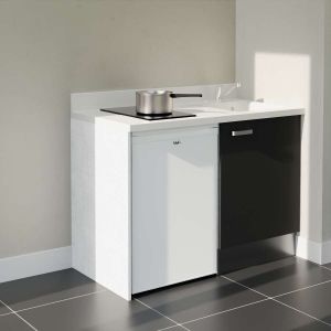Kitchenette 120 cm K08L avec frigo top blanc, plaque de cuisson, façade noire, plan monobloc blanc évier à droite
