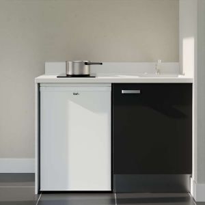Kitchenette 120 cm K08L avec frigo top blanc, plaque de cuisson, façade noire, plan monobloc blanc évier à droite