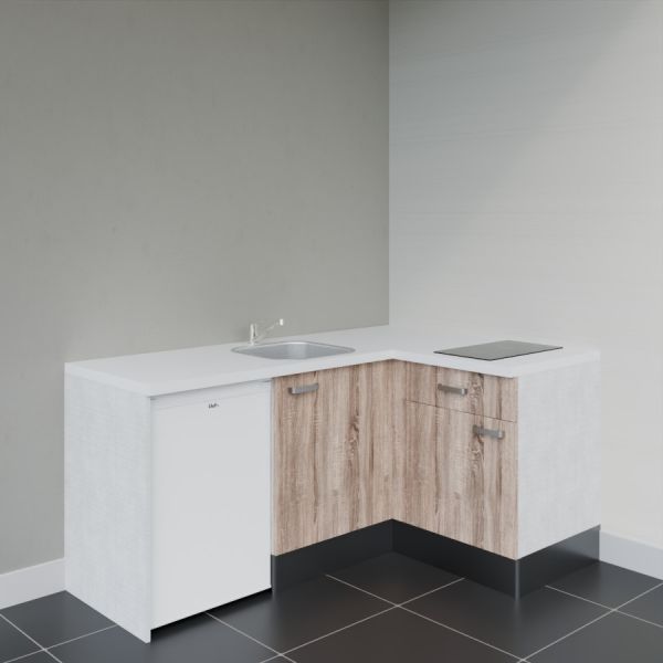 Kitchenette d'angle KA01L-PT - façades bois, plan de travail blanc frigo top blanc