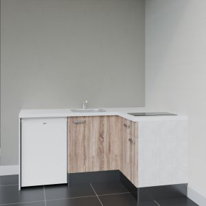 Kitchenette d'angle KA01L-PT - façades bois, plan de travail blanc frigo top blanc