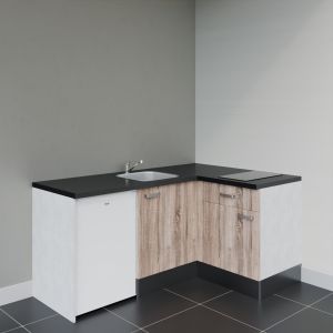 Kitchenette d'angle KA01L-PT - façades bois, plan de travail noir frigo top blanc