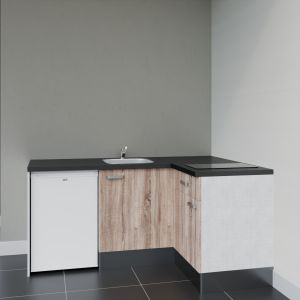 Kitchenette d'angle KA01L-PT - façades bois, plan de travail noir frigo top blanc
