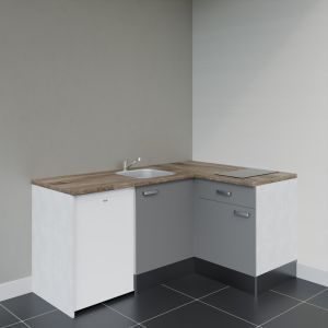 Kitchenette d'angle KA01L-PT électroménager inclus Kitchenette d'angle KA01L-PT - façades gris, plan de travail bois frigo top blanc
