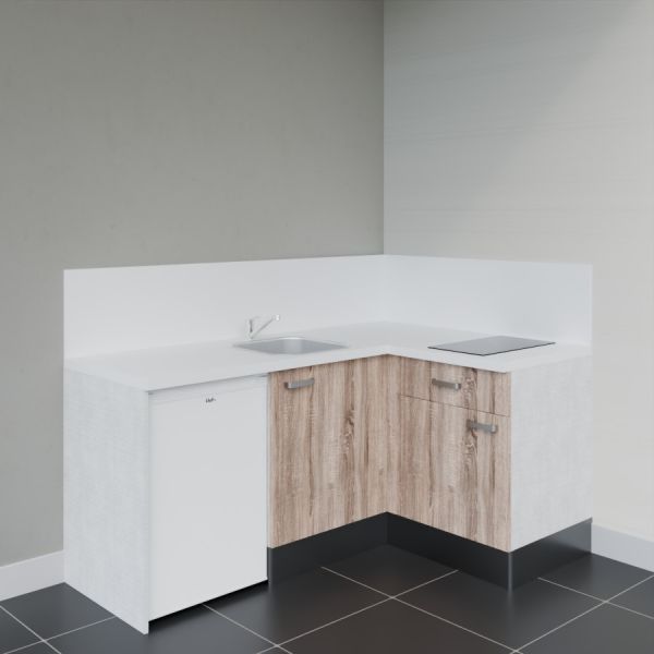 Kitchenette d'angle KA01L-PT - façades bois, plan de travail et crédences blanc, frigo top blanc