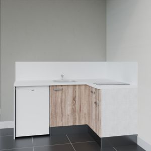 Kitchenette d'angle KA01L-PT - façades bois, plan de travail et crédences blanc, frigo top blanc