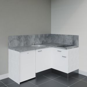 Kitchenette d'angle KA01L-PT - façades blanc, plan de travail et crédences gris, frigo top blanc