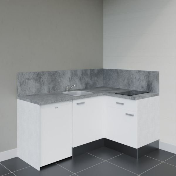 Kitchenette d'angle KA01L-PT - façades blanc, plan de travail et crédences gris, frigo top blanc