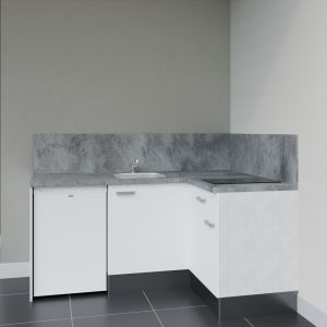 Kitchenette d'angle KA01L-PT - façades blanc, plan de travail et crédences gris, frigo top blanc