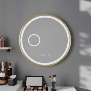 Miroir lumineux rond contour doré ORANA 60 cm - antibuée, horloge, loupe, éclairage LED réglable en intensité et couleur