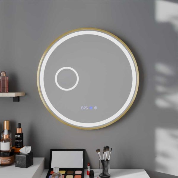 Miroir lumineux rond contour doré ORANA 60 cm - antibuée, horloge, loupe, éclairage LED réglable en intensité et couleur