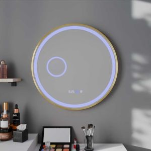 Miroir lumineux rond contour doré ORANA 60 cm - antibuée, horloge, loupe, éclairage LED réglable en intensité et couleur