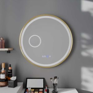 Miroir lumineux rond contour doré ORANA 60 cm - antibuée, horloge, loupe, éclairage LED réglable en intensité et couleur