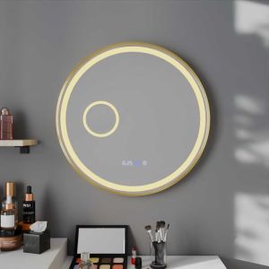 Miroir lumineux rond contour doré ORANA 60 cm - antibuée, horloge, loupe, éclairage LED réglable en intensité et couleur