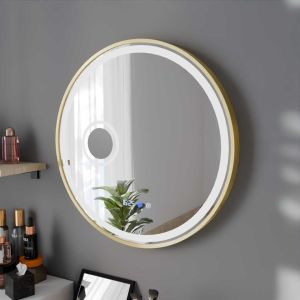 Miroir lumineux rond contour doré ORANA 80 cm - antibuée, horloge, loupe, éclairage LED réglable en intensité et couleur