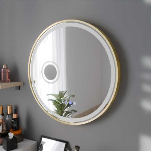 Miroir lumineux rond contour doré ORANA 80 cm - antibuée, horloge, loupe, éclairage LED réglable en intensité et couleur