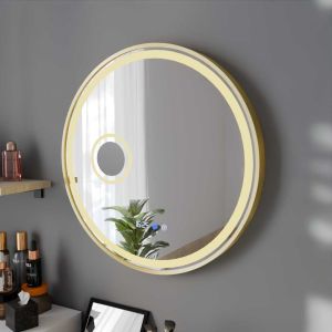 Miroir lumineux rond contour doré ORANA 80 cm - antibuée, horloge, loupe, éclairage LED réglable en intensité et couleur