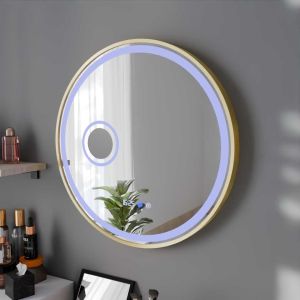 Miroir lumineux rond contour doré ORANA 80 cm - antibuée, horloge, loupe, éclairage LED réglable en intensité et couleur