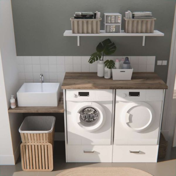 Ensemble meubles buanderie - emplacements pour lave-linge et sèche-linge surélevés + timbre lavabo 