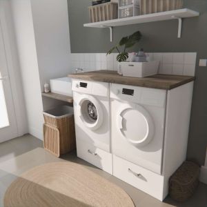 Ensemble meubles buanderie - emplacements pour lave-linge et sèche-linge surélevés + timbre lavabo 
