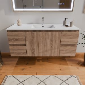 Meuble salle de bain RAPHA 120 cm coloris chêne - plan simple vasque centrée en céramique blanche