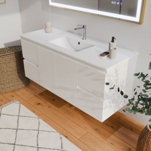 Meuble salle de bain RAPHA 120 cm coloris blanc - plan simple vasque centrée en céramique blanche