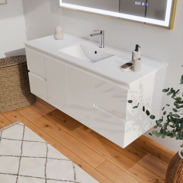 Meuble salle de bain RAPHA 120 cm coloris blanc - plan simple vasque centrée en céramique blanche