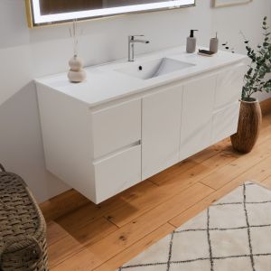 Meuble salle de bain RAPHA 120 cm coloris chêne - plan simple vasque centrée en céramique blanche