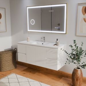Meuble salle de bain RAPHA 120 cm coloris blanc + plan vasque centrée + miroir led Cara doré