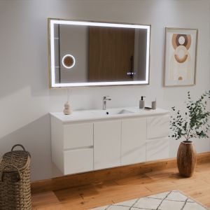 Meuble salle de bain RAPHA 120 cm coloris blanc + plan vasque centrée + miroir led Cara doré