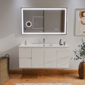 Meuble salle de bain RAPHA 120 cm coloris blanc + plan vasque centrée + miroir led Cara doré