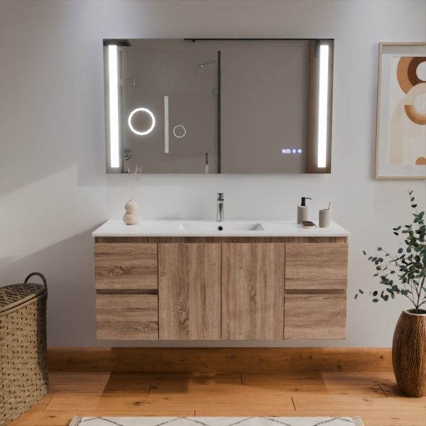 Meuble salle de bain RAPHA  coloris bois 120 cm vasque centrée + miroir led Duetto
