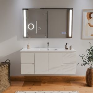 Meuble salle de bain RAPHA 120 cm vasque centrée + miroir led Duetto Meuble salle de bain RAPHA  blanc 120 cm vasque centrée + miroir led Duetto