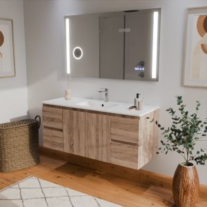 Meuble salle de bain RAPHA  coloris bois 120 cm vasque centrée + miroir led Duetto