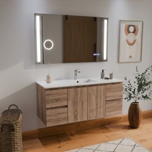 Meuble salle de bain RAPHA coloris bois 120 cm vasque centrée + miroir led Duetto