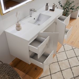 Meuble salle de bain RAPHA 120 cm coloris blanc + plan vasque centrée + miroir led Cara doré