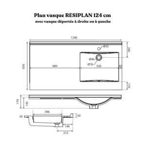 Plan vasque RESIPLAN - 124 cm avec vasque déportée à gauche