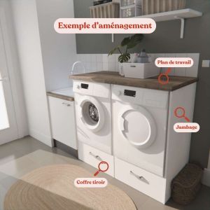 Exemple d'aménagement meuble machine à laver surélevé avec le coffre tiroir